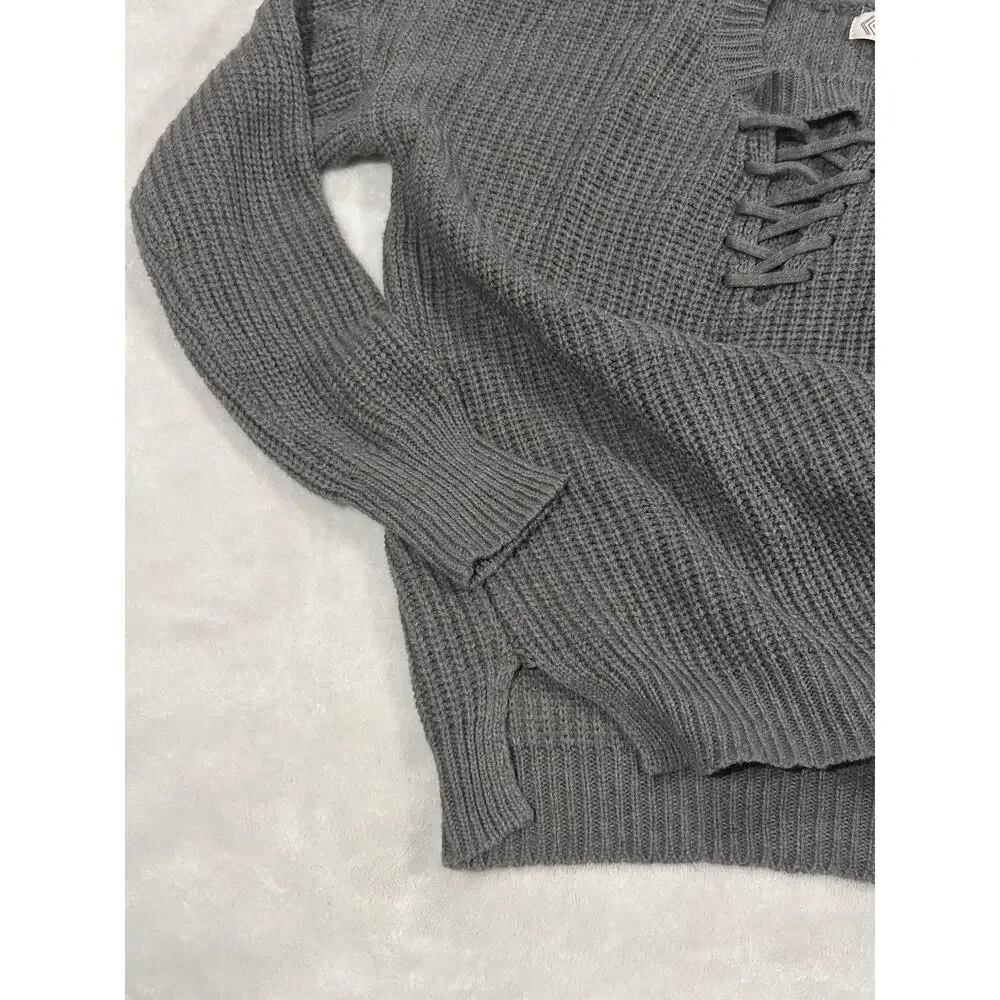 Pink Rose Gray Solid Lace-Up Crewneck Waffle-Knit Pullover Sweater Women S